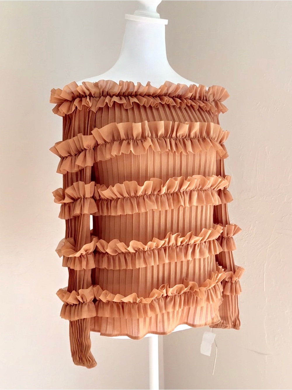 NWT AZI New York Ruffled Pleated Nude / Tan Long Sleeve Top XS